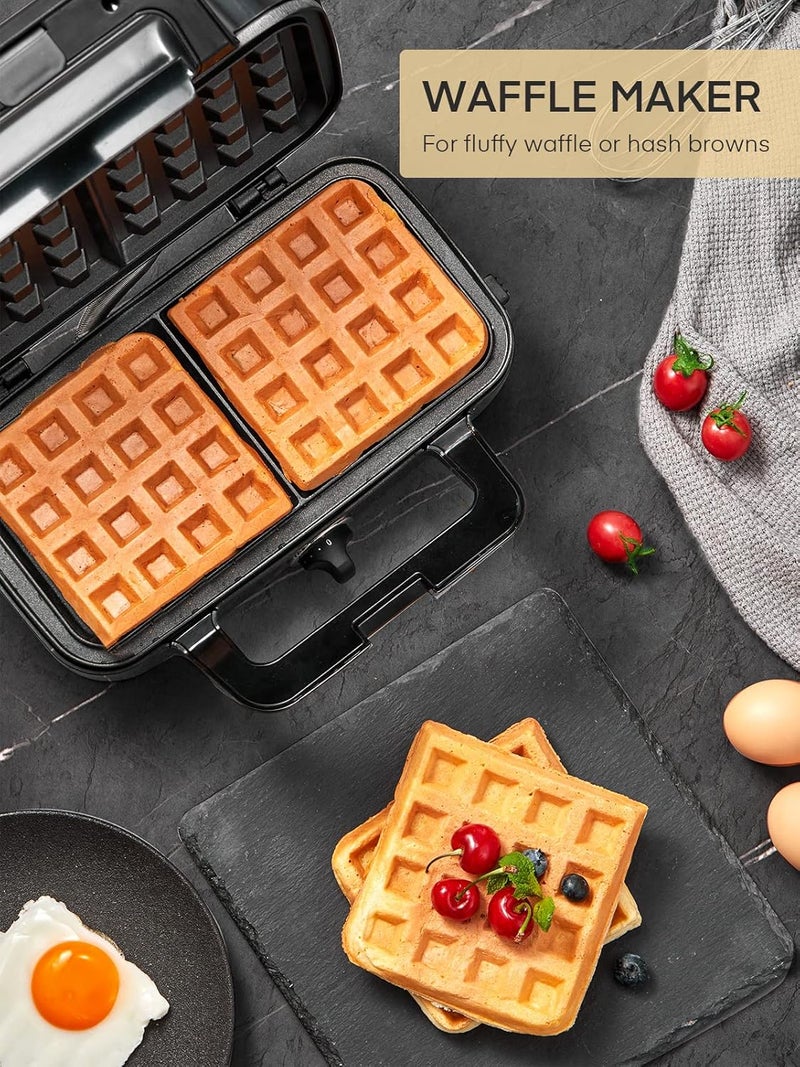 FOHERE Sandwich Maker 3 In 1 Waffle Maker With Removable Plates,1200W Grilled Cheese Maker, 5-gear Temperature Control, Non-stick Coating Easy to Clean, Indicator Lights, Silver/Black - Image 4